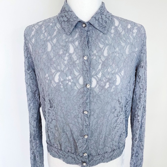 Hinge Gray Lace Jean Jacket Style with Crystal Buttons - Picture 3 of 16